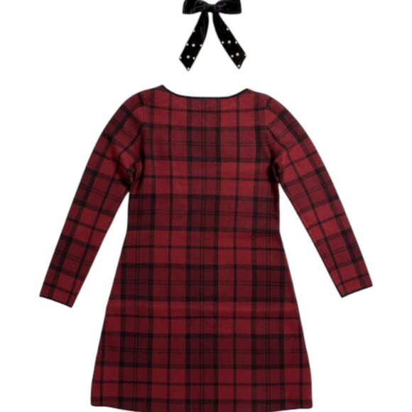 TAHARI Long Sleeve Plaid Mini Dress With Velvet Faux Pearl Hair Bow - Picture 3 of 3